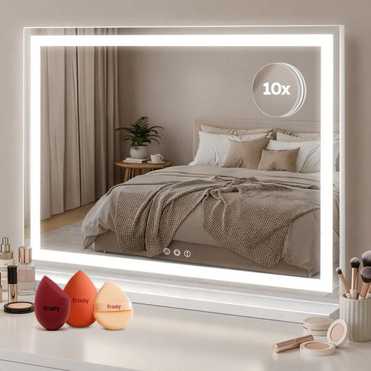 Fraay® Hollywoodspiegel mit Beleuchtung 60x50cm - 3 Lichtstufen - Schminkspiegel mit 10-facher Vergrößerung - LED-Streifenbeleuchtung dimmbar - Inkl. 2 Beauty Blenders und Puderquaste