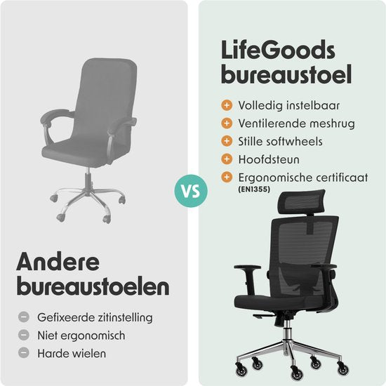 LifeGoods Ergonomischer Bürostuhl - mit extra Anti-Kratz-Rädern - Bürostuhl - NEN und SGS zertifiziert - Erwachsene - Kopfstütze - Schwarz/Chrom