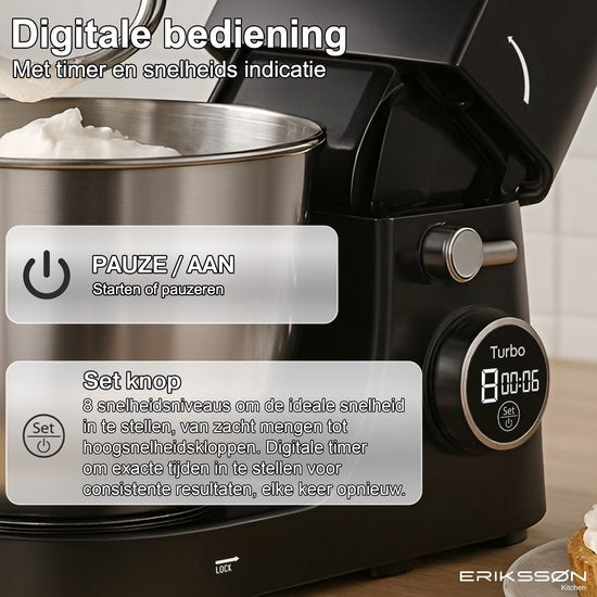 Erikssøn Küchenmaschine - 8 Geschwindigkeitsstufen mit Timer - 5L Mixer mit Rührschüssel - 1400W - Küchenroboter - Küchenmixer - Küchenmaschine - Schwarz