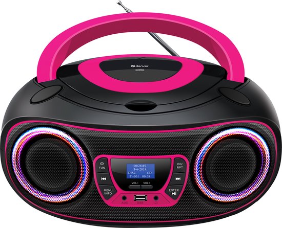 Denver Tragbares DAB-Radio CD-Player Kinder - Bluetooth - Lichteffekte - Boombox - AUX - FM - TDB212PINK