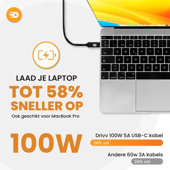 Drivv. USB C Kabel zu USB C 3.2 - 100w Schnellladegerät - 3 Meter - 4K 60Hz - 20GBs - Geeignet für Samsung, Macbook, iPhone 15 & mehr - Nylon Kabel - Schwarz