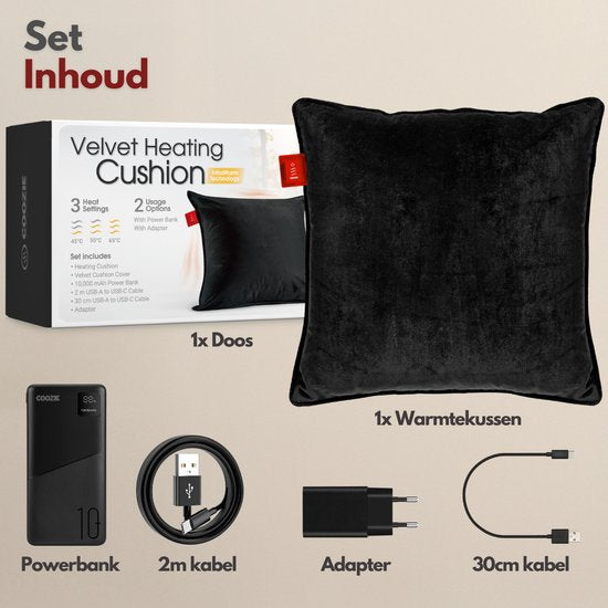 Coozie Wiederaufladbares Wärmekissen - Kabellos & verkabelt - 45-65°C - Samt - 45 x 45 cm - Elektrisches Kissen - Inkl. Powerbank - Bis zu 8 Stunden Wärme - Schwarz