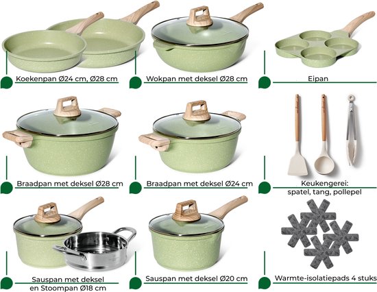 Just Perfecto 21-teiliges Induktionspfannenset - Grünes Pfannenset mit Deckel für Gas und Induktion - PFAS frei - Kalte Griffe