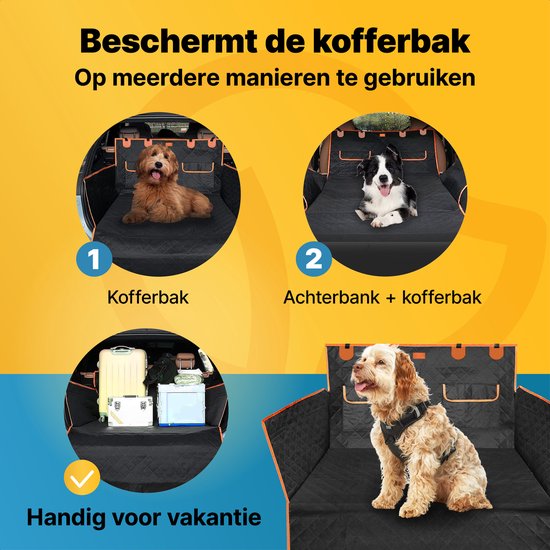 Jake und Jacky Hundedecke Auto Kofferraum - Autodecke Hund - Schutzhülle - Inklusive Aufbewahrungsbeutel & Autoriem - Schwarz/Orange