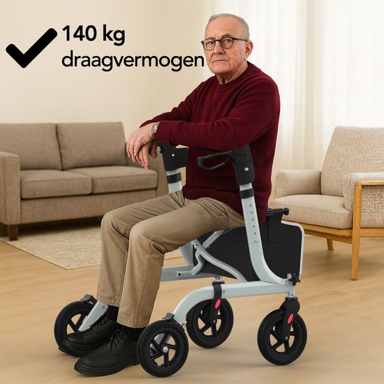Brixy Rollator - leicht und faltbar - Sitzfunktion - Rückenlehne, Tasche und Gehstockhalterung - Grau