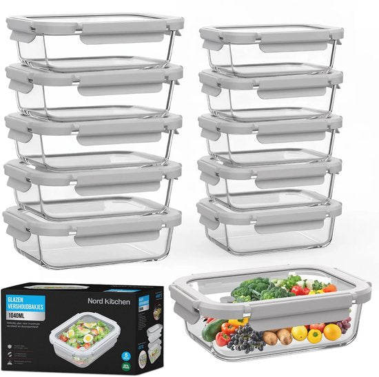 Nord Kitchen Aufbewahrungsschalen Set - mit Glas-Dampfdeckel - Meal Prep Schalen - Gefrierschalen Vollglas - Luftdicht - 10 Stück - 1040 ML + 370ML