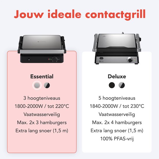 KitchenBrothers Kontaktgrill - Grillgerät - Abnehmbare Grillplatten - Panini Grill - 3 Höheneinstellungen - Toasti Eisen - 2000W - Edelstahl