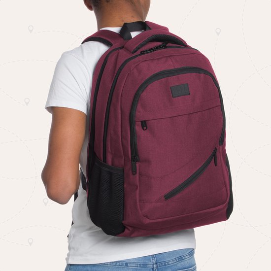 TRVLMORE Rucksack mit Lifetime - Rucksack mit 17 Zoll Laptopfach - Schultasche - spritzwassergeschützt - Männer und Frauen - Jungen und Mädchen - 36L - Burgunderrot