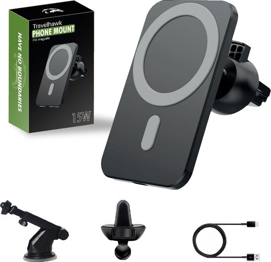 Travelhawk Magsafe Phone Holder Car - Geeignet für iPhone 11/12/13/14/15 - Kabelloses Ladegerät - Handyhalterung Auto - Magsafe Car Holder - Magnetisch - Armaturenbrett - Schwarz
