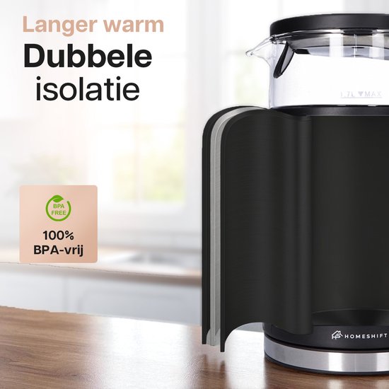 HomeShift® Wasserkocher mit Temperaturkontrolle - Warmhaltefunktion - Doppelwandig - Elektrisch - 1,7 Liter - 2200W - Schwarz