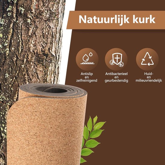 DH FitLife Yogamatte aus Kork & TPE, Matte 183 x 61 x 0,6 cm, Fitnessmatte, rutschfest und umweltfreundlich, Sportmatte natürlich selbstreinigend, Yogamatte mit Orientierungslinien (große Lotos)