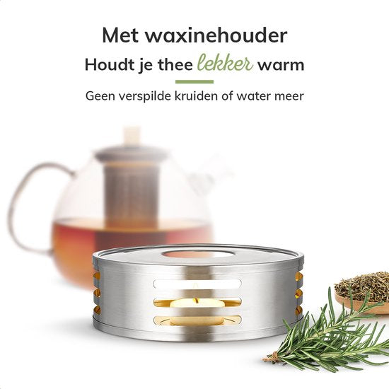 Deleca Teekanne aus Glas mit Filter und Teelichtwärmer-Set - Borosilikatglas - Edelstahlsieb - Weihnachtsgeschenk - für losen Tee / Teeblumen - 1.5L
