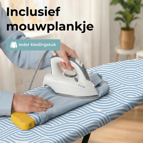 STAUS&BACH Bügelbrett X – für Dampfgenerator – 122 x 43,5 cm - Inklusive Ärmelbrett und Klappgestell - Höhenverstellbar von 76 bis 96 cm - Mit Halterung für Dampfbügeleisen - Blau - Ironiq Pro