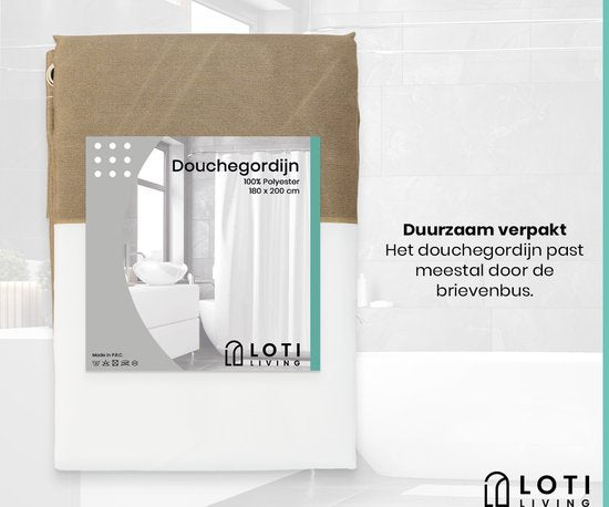 Loti Living Duschvorhang Anti-Schimmel - Hellbraun gestreift - Inklusive Ringe - Wasserdicht - Polyester - Duschvorhang 180x200 cm
