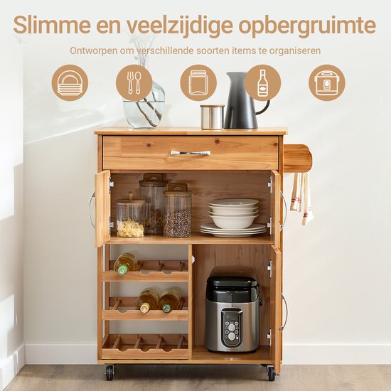 SoBuy Küchenwagen - Mit Schubladen und Weinregal - Mit Rädern und Arbeitsplatte - Kompakt - 66×38×86 cm - Naturfarbe
