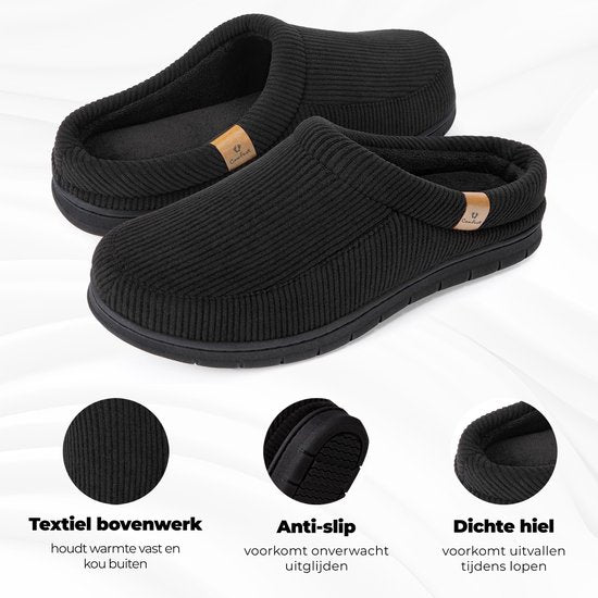 Hausschuhe Herren - Hausschuhe - Größe 44/45 - Schwarz - Cord - Rutschfest - Comfeet