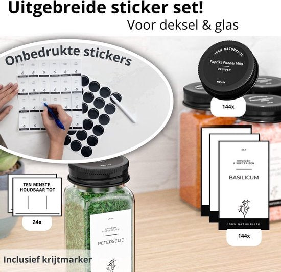Organess 28 Glasgewürzdosen quadratisch mit schwarzem Deckel - 3 Arten von Streudeckeln - Gewürzstreuer - Gewürzdosen - Komplettset inkl. Gewürzsticker, Kreidestift und Zubehör - 120ml