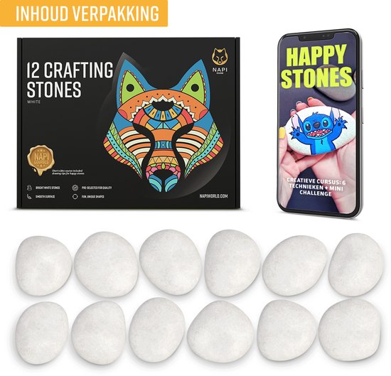 NAPI Happy Stones Steine - 12 weiße Kieselsteine - Inklusive Kurs: Malerei Steine - Glatte glatte Kieselsteine - Paket - Strand Kiesel - 4 bis 8cm - Weiß