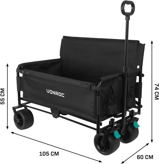 VONROC Wagon - Mit Sitzfunktion - Zusammenklappbar - 120 kg Tragkraft - 115l Fassungsvermögen - Solide, auslaufsichere Räder - Stabiler Stahlrahmen - Polyester 600D - Schwarz