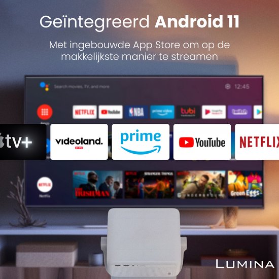 Lumina® Stellar Beamer 2025 - 4K Ultra HD - Automatische Leinwand & Richtfunktion - All-in-one Smart TV Projektor - Für iOS & Android - Weiß