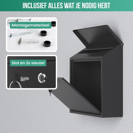 Avalo Briefkasten Schwarz Edelstahl - Wandbriefkasten - Inkl. Montagematerial & 2 Schlüssel