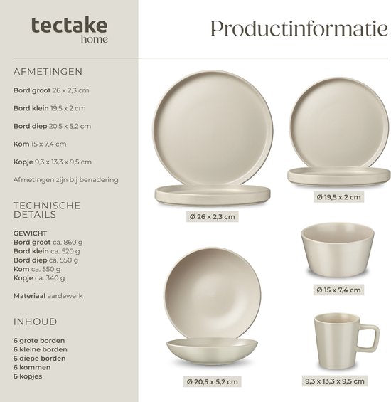tectake® Geschirrset Una - 30-teilig - Steingut - 6 Personen - Stilvolles und langlebiges Geschirr - Geschirrset mit großen und kleinen Tellern, Schalen, Schüsseln - Tassen - Taupe