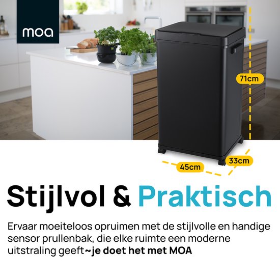 MOA Mülleimer mit Sensor - 68 Liter - Abfalleimer - Edelstahl und langlebiges ABS - Rutschfest - Geräuschloser Deckel - Schließverzögerung - Schwarz - SB03B