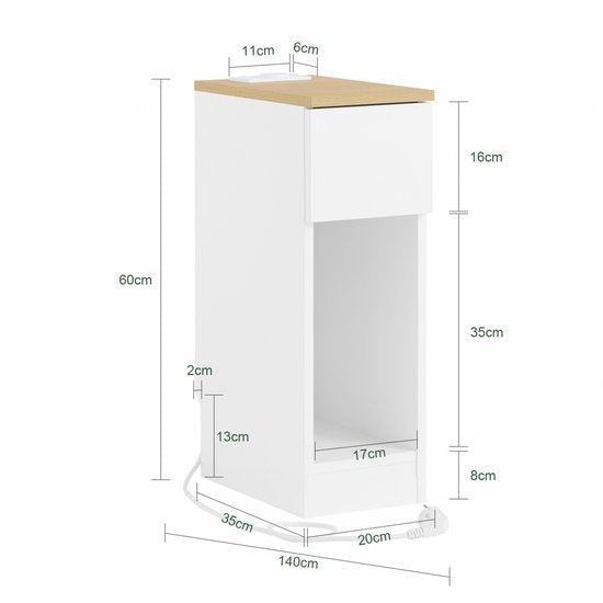SoBuy Schlanker Nachttisch mit Ladestation, Schmaler Beistelltisch mit Standardsteckdose, USB-Anschluss und Type-C-Anschluss für Schlafzimmer und Wohnzimmer, B20 x T35 x H60 cm, Weiß, FBT111-E-WN
