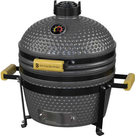 KitchenBrothers Kamado BBQ - 16-Zoll-Holzkohlegrill - 34⌀ cm - PFAS-frei - Deluxe-Set - Eiergrill mit Zubehör - Grau