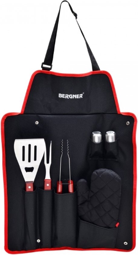 Bergner BBQ Zubehör 7-teiliges Werkzeugset - Edelstahl - Geschenkset - mit Grillschürze