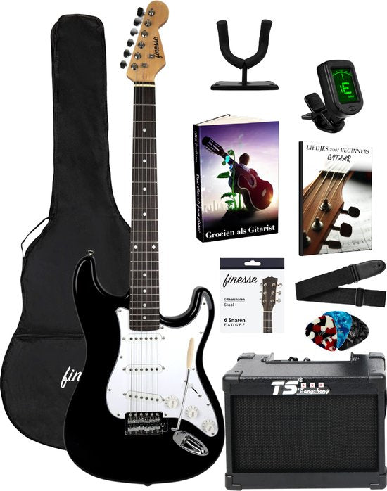 Finesse - Elektrische Gitarre - mit Lautsprecher & Zubehör - für Erwachsene & Kinder mit E-Learning Buch - Schwarz