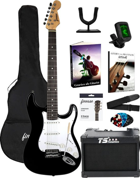 Finesse - Elektrische Gitarre - mit Lautsprecher & Zubehör - für Erwachsene & Kinder mit E-Learning Buch - Schwarz