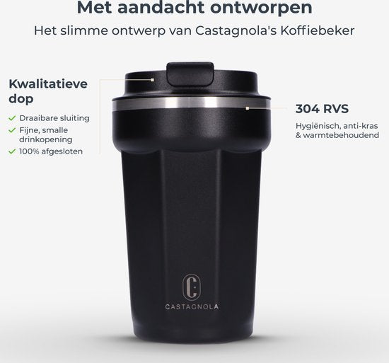 Castagnola Thermos Cup - Kaffeebecher To Go - Reisebecher für Kaffee und Tee - Teebecher - 380 ML - Edelstahl - Schwarz - Octagon