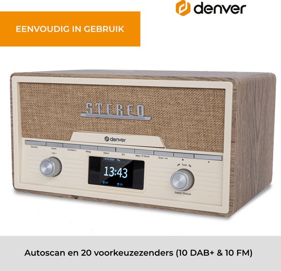Denver Radio - DAB/CD-Player - Bluetooth - 20 Speicherplätze - FM / AUX - Holz