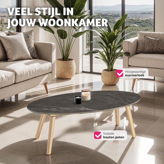 tectake® Couchtisch | Wohnzimmertisch, Ovaler Couchtisch mit Holzbeinen | Marmoroptik | Wetterfester Beistelltisch für Wohnzimmer, Terrasse, Garten oder Balkon - natur