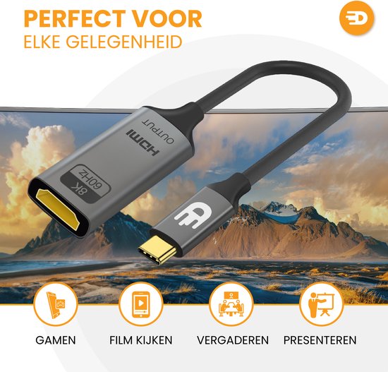 Drivv. USB C zu HDMI Adapter - Unterstützt 8K 60Hz - Typ C zu HDMI - Thunderbolt 3 - Grau