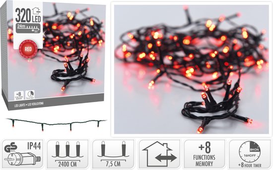 Weihnachtsbeleuchtung 320 LEDs – 24 m – rot – Timer – Lichtfunktionen – Speicher – Außen – Innen