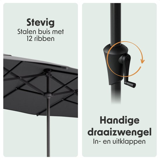 LifeGoods Doppelter Sonnenschirm - Garten - 220x400cm - bis zu 8 Personen - Wasserdicht - UPF50+ - Dunkelgrau