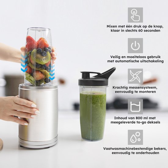 Blender To Go - 6-teiliges Set - Smoothie Maker - Mixer - 2x 800ml Trinkbecher - 1200W - spülmaschinenfest - BPA-frei - tragbarer Mixer - Silber - von Saaf