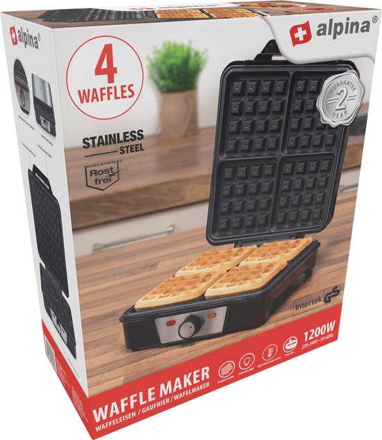 alpina Waffeleisen - Brüsseler Waffeln - Antihaftbeschichtung - 4 Waffeln - 1200W
