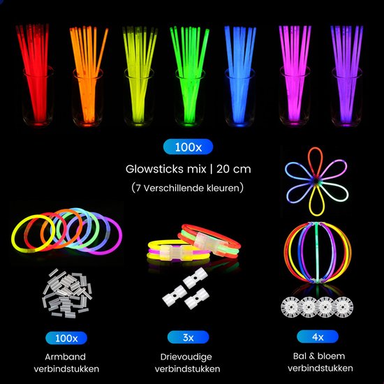 Partizzle 100 Stück Glow in the Dark Sticks mit Steckern - Silvester 2025 Glowsticks - Neon / Karneval Partyartikel Breakout Sticks - Geburtstag Silvester Dekorationen - 7 Farben