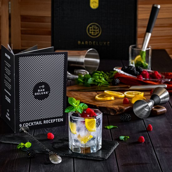 BarDeluxe® Cocktail Shaker Set - 5-tlg. Boston Shaker - Cocktail Set mit Stamper, Sieb, Barlöffel & Rezeptbuch - Inklusive luxuriöser Geschenkbox - Silber
