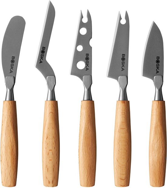 Boska Käsemesserset Amigo Small - Käsemesser - 5er-Set - Für jede Käsesorte - Antihaftbeschichtung - Ergonomisch - Edelstahl und Buchenholz