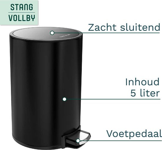 StangVollby Kallax Tret-Abfalleimer - 5 Liter - Edelstahl - Schwarz - Abfalleimer - Toilette - Badezimmer - Klein - Soft Close-Deckel