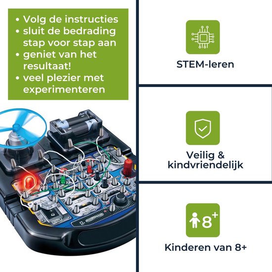 Velleman Elektronisches Projekt-Kit für Kinder ab 8 Jahren, entdecken Sie die Grundlagen der Elektronik mit 18 spannenden Experimenten, pädagogischen und interaktiven Spaß, LED, Lüfter und Sound