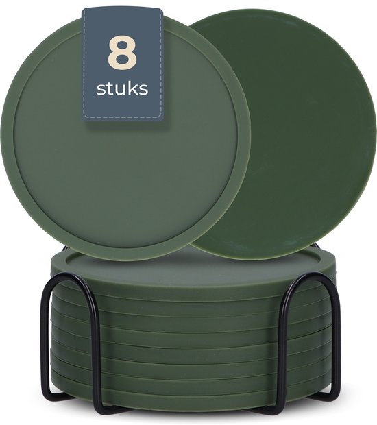 Castagnola Silikon-Untersetzer - Untersetzer für Gläser - Design-Untersetzer mit Halter - Untersetzer-Set - Anti-Rutsch - 8er-Set - Grün