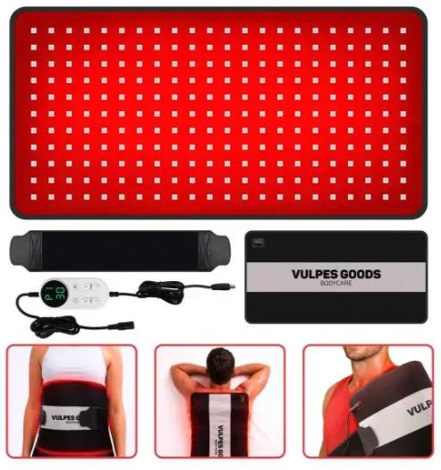 Vulpes Goods® - Tragbares Infrarotband XL - 61 x 30,5 cm - Mit 242 LEDs und 5 Intensitätsstufen und Pulsmodus und Timer - Für Rücken und Schultern und Beine - Schwarzes PU und TPU