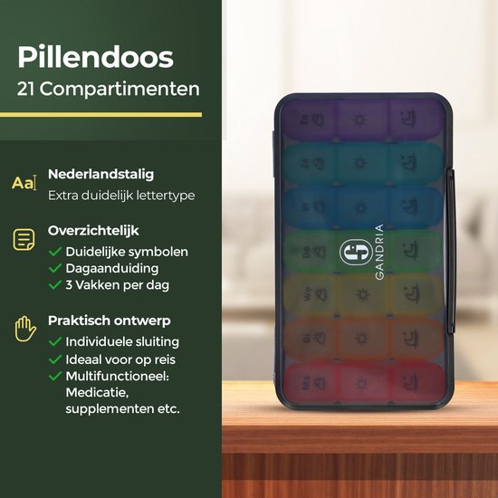 Gandria Pillenbox 7 Tage - Herausnehmbare Pillenbox - Medizinbox mit 21 Fächern - Medizinbox mit stabilem Verschluss - 3 Fächer pro Tag
