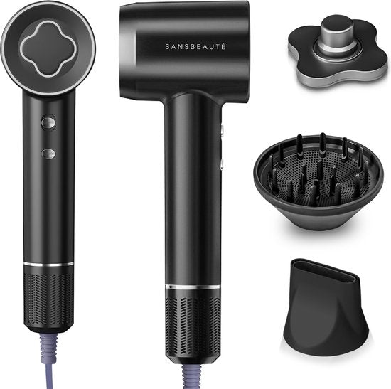 Sansbeauté® Haartrockner mit Diffusor - Locken - 110.000 U/min - Ionen-Haartrockner mit Bürste - 3 Stufen - 3 Aufsätze - Reisehaartrockner - Coolshot - Haartrockner mit Diffusor - Haartrockner - 2000W - EssentiaPRO®