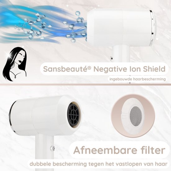 Sansbeauté® Haartrockner mit Diffusor - Ionen-Haartrockner - Bürste - Reisehaartrockner - 3 Aufsätze - Locken - Coolshot - 3 Stufen - Haartrockner mit Diffusor - Haartrockner - 2000W - Weiß